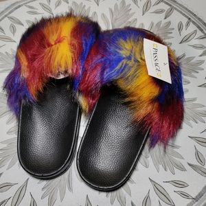 Women's Multi Color Faux Fur Open Toe Slippers Size